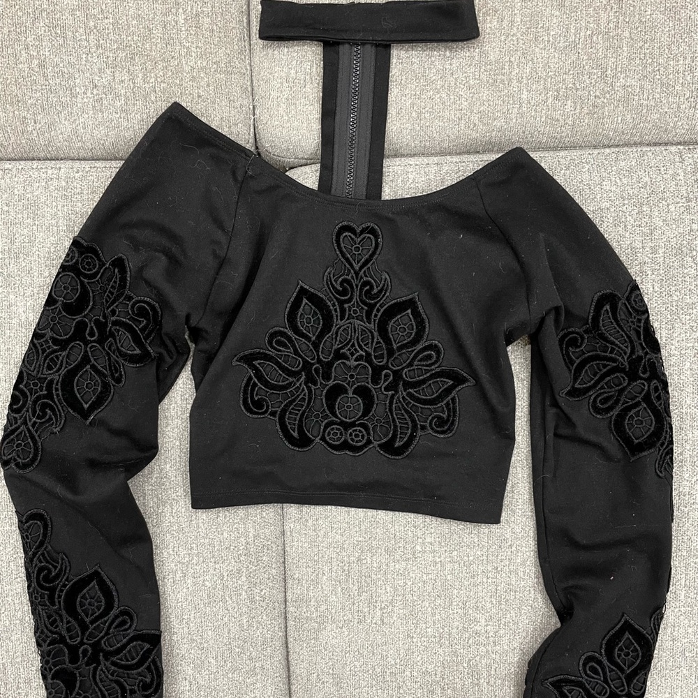 Black lace crop top with built in choker and velvet detail